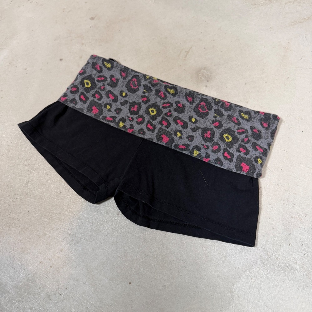 One Step Up Womens Black Leopard Print Fold Over Waist Yoga Booty Shorts Large